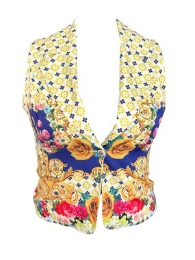 Floral Baroque V-Neck Women’s Vest - Yellow & Blue NWOT